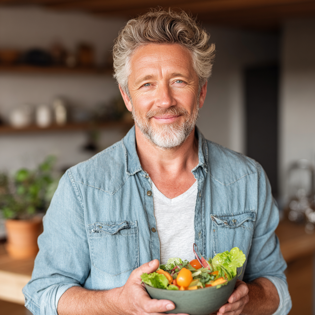 Confident middle-aged man in his early 50s with salt and pepper hair, wearing a light blue button-down shirt, smiling warmly while holding a bowl of fresh salad with colorful vegetables, standing in a modern bright kitchen with natural lighting